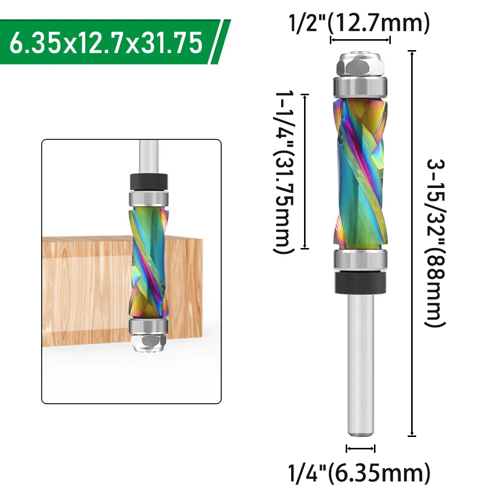 LAVIE 1/4 Inch 6.35mm Shank Nano Coated Spiral Compression Flush Trim Router Bit Top & Bottom Bearing Milling Cutter for Wood MDF Decorative Panels