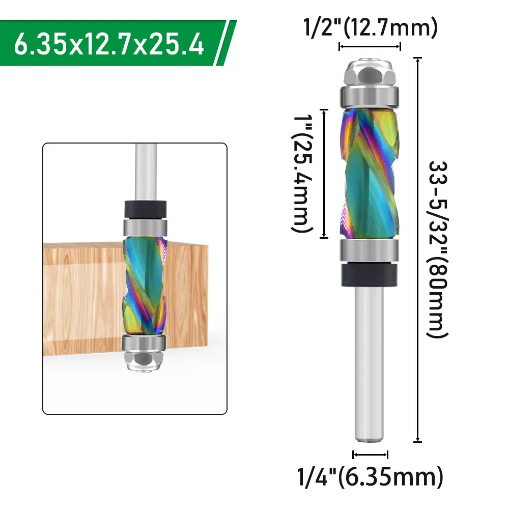 LAVIE 1/4 Inch 6.35mm Shank Nano Coated Spiral Compression Flush Trim Router Bit Top & Bottom Bearing Milling Cutter for Wood MDF Decorative Panels