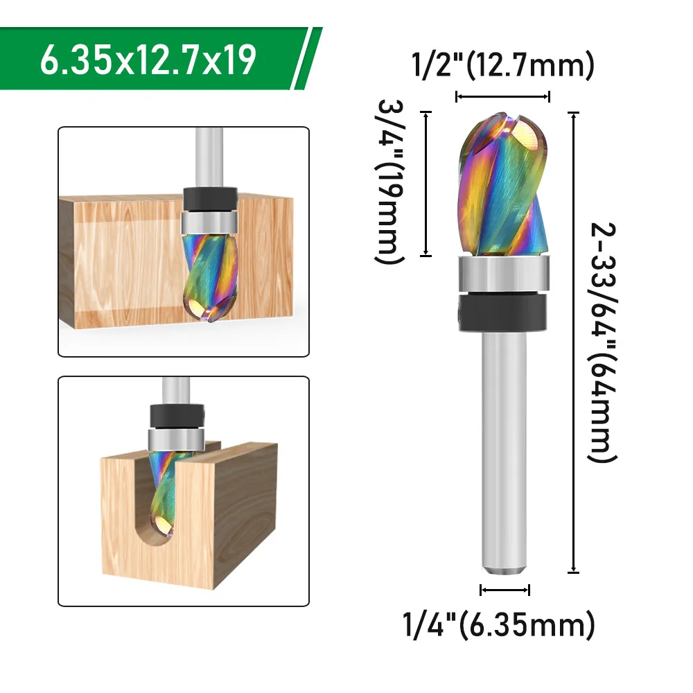 LAVIE 1/4 Inch 6.35mm Shank Nano Coated Spiral Compression Flush Trim Router Bit Top & Bottom Bearing Milling Cutter for Wood MDF Decorative Panels