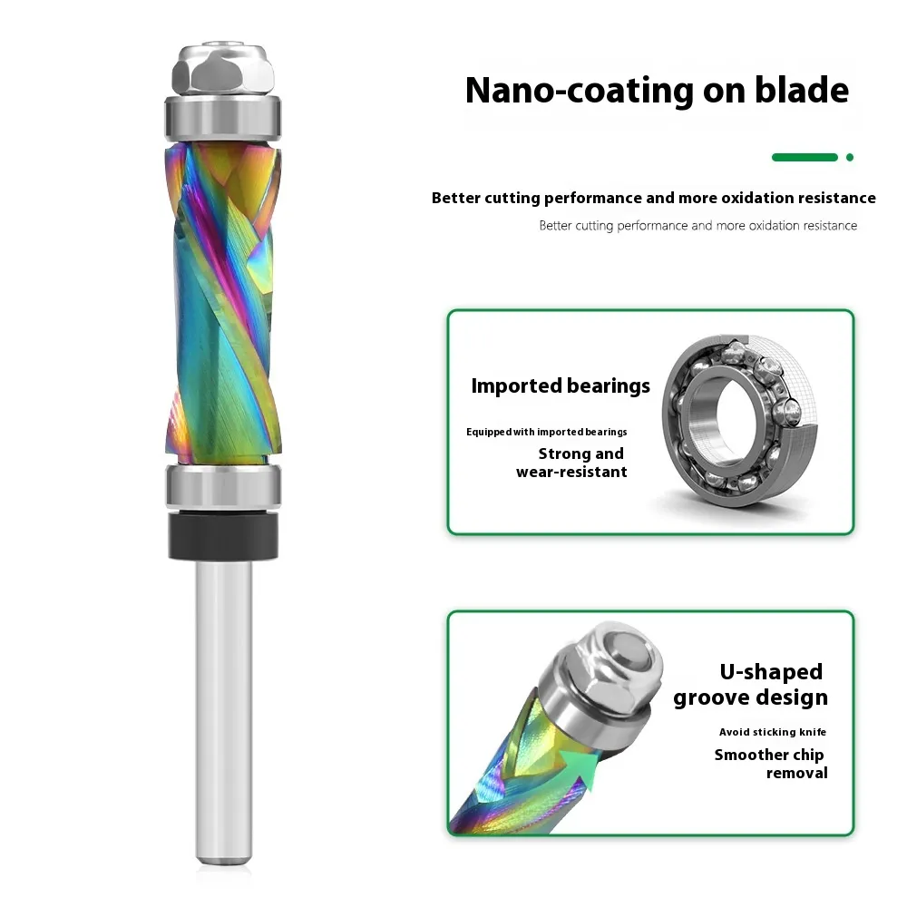 LAVIE 1/4 Inch 6.35mm Shank Nano Coated Spiral Compression Flush Trim Router Bit Top & Bottom Bearing Milling Cutter for Wood MDF Decorative Panels
