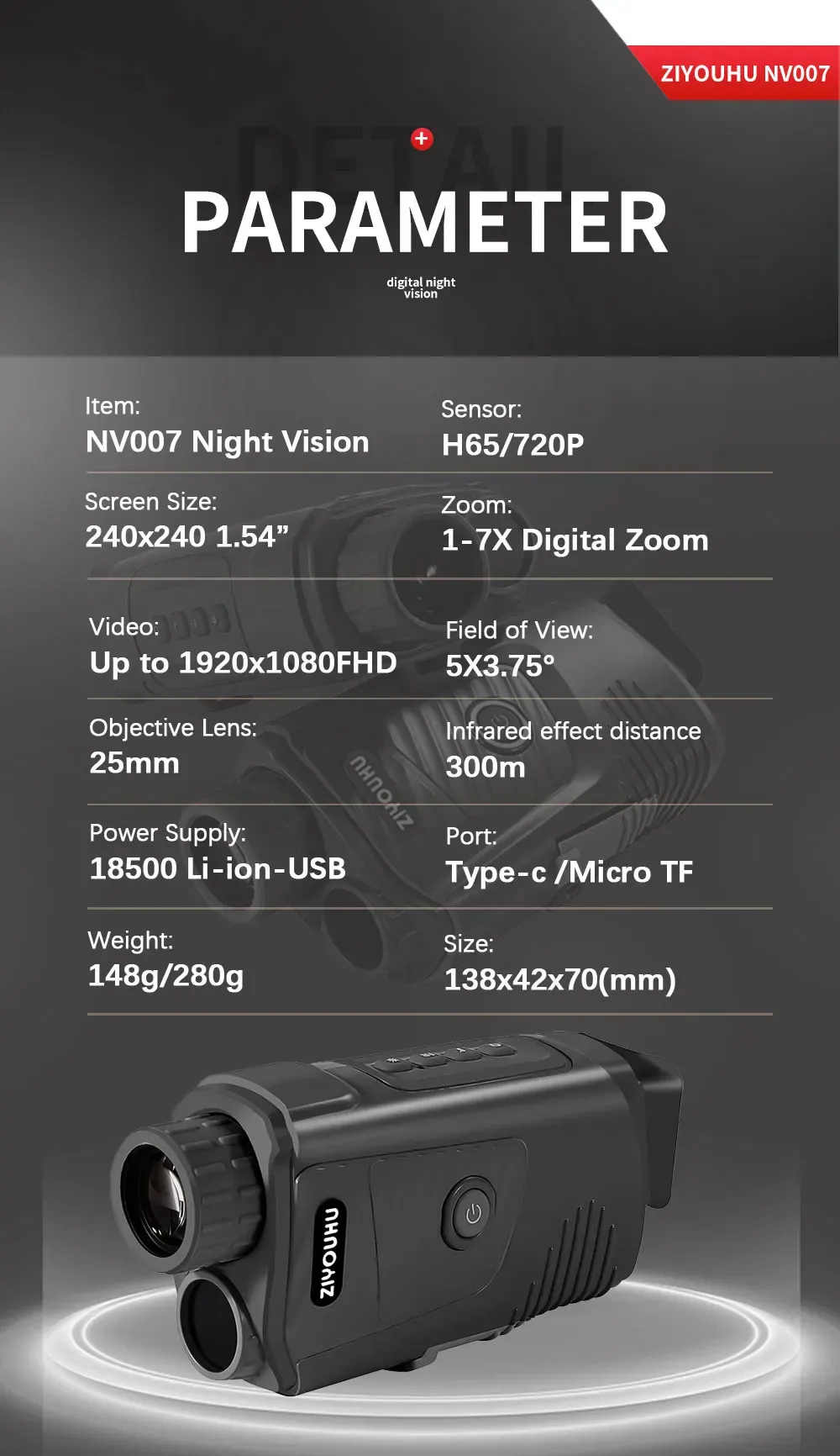 ZIYOUHU Portable 300M Night Vision Monocular Camera 7X Zoom 1080P HD Infrared Digital Telescope for Hunting Camping