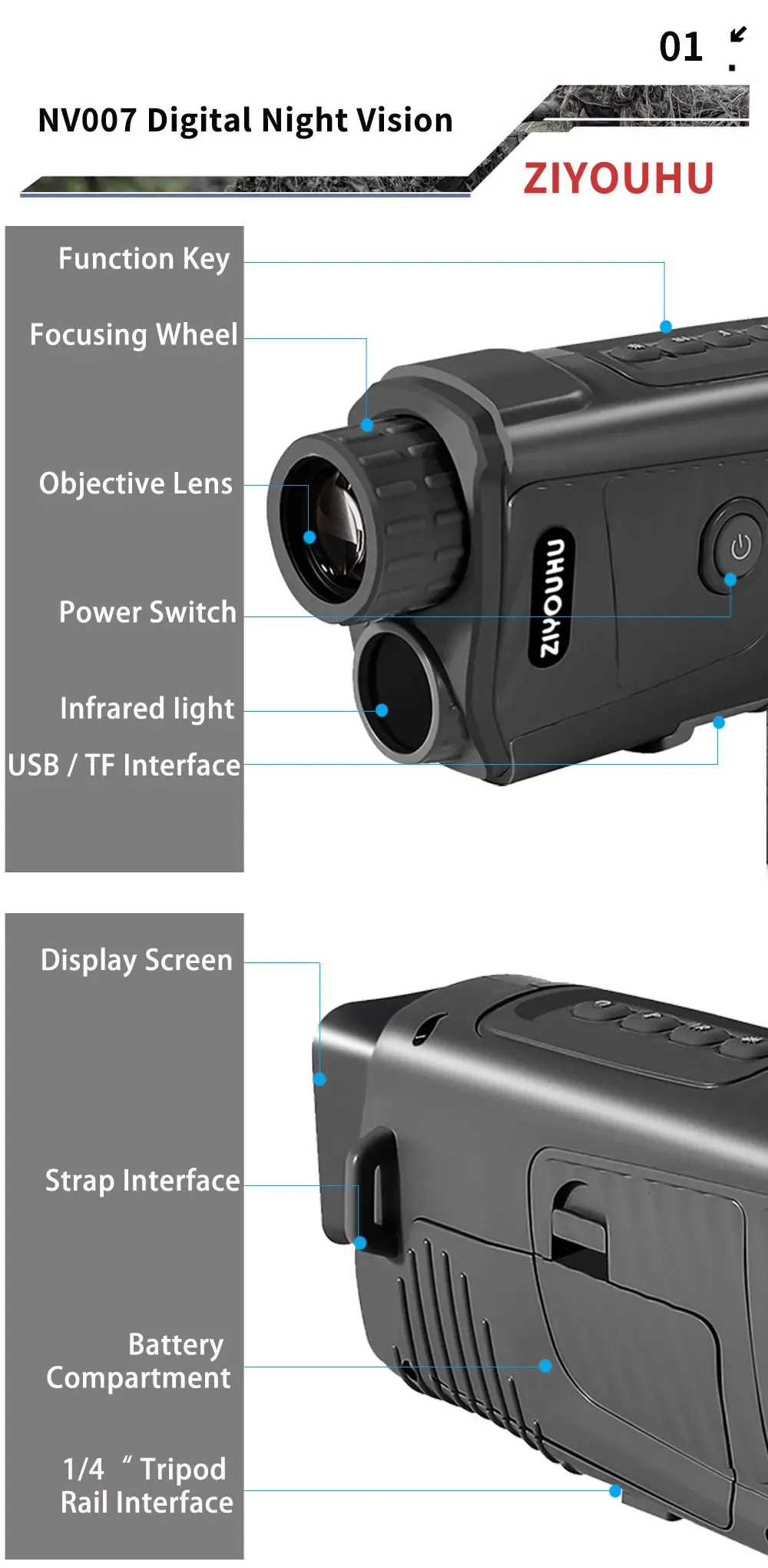 ZIYOUHU Portable 300M Night Vision Monocular Camera 7X Zoom 1080P HD Infrared Digital Telescope for Hunting Camping