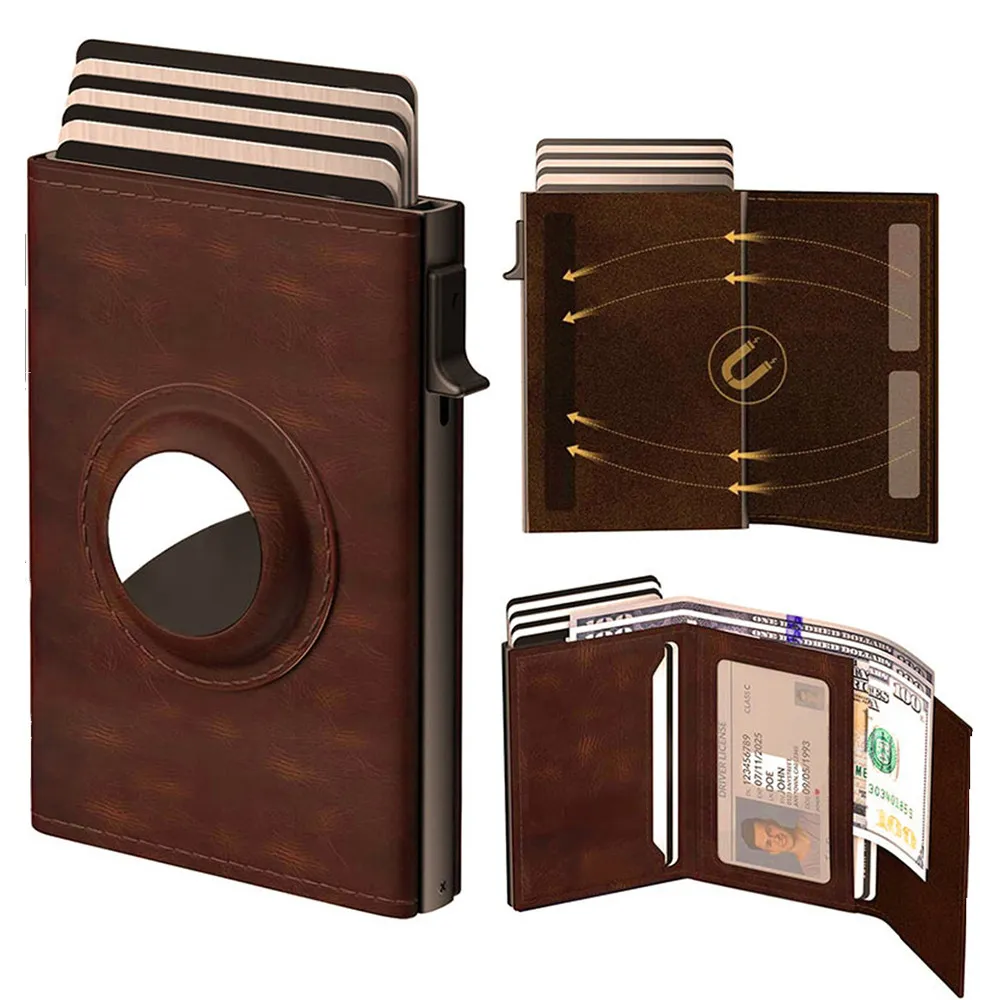 AirTag Microfiber Men's Automatic Popup Card Holder Tri-fold RFID Anti-theft Brush Purse Wallet Credit Card Clip AirTag Microfiber Men's Automatic Popup Card Holder Tri-fold RFID Anti-theft Brush Purse Wallet Credit Card Clip