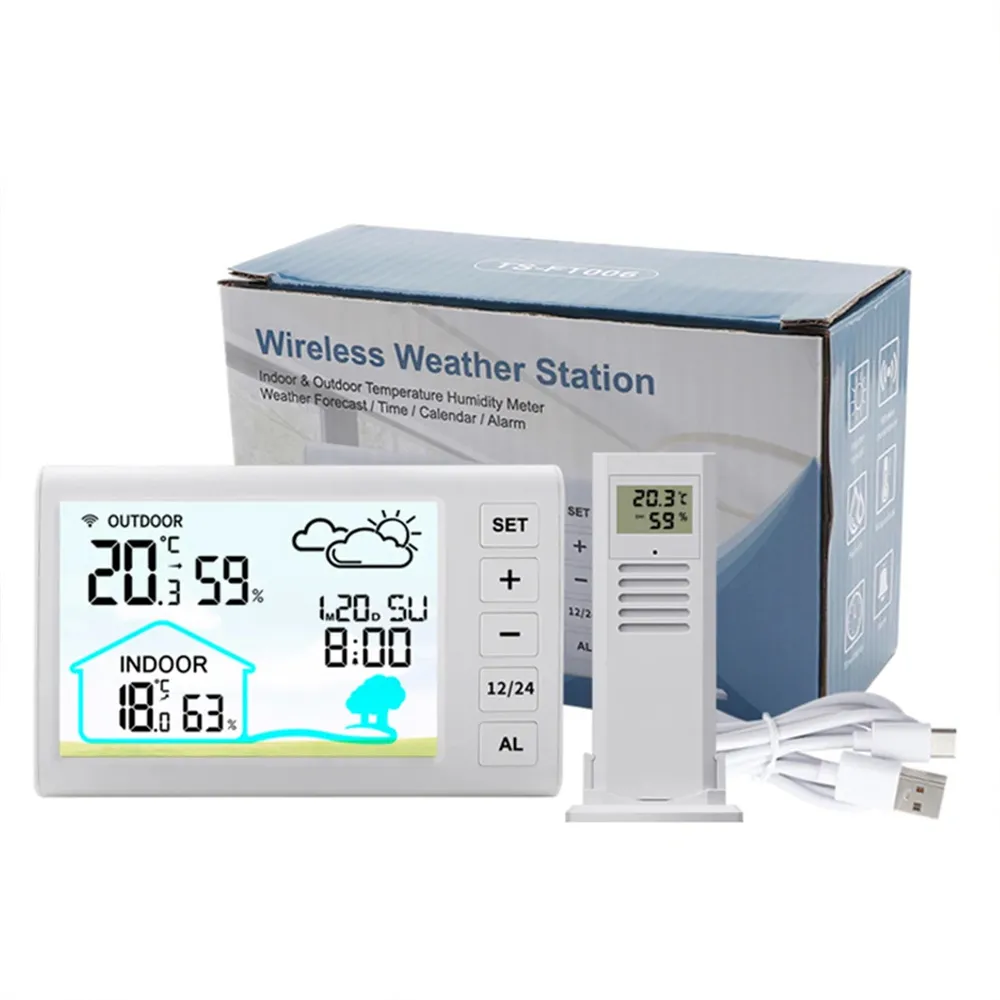 TS-FT006 Indoor Digital Thermometer and Hygrometer Mini LCD Wall Wireless Multifunctional Mini Clock with Humidity Weather Station