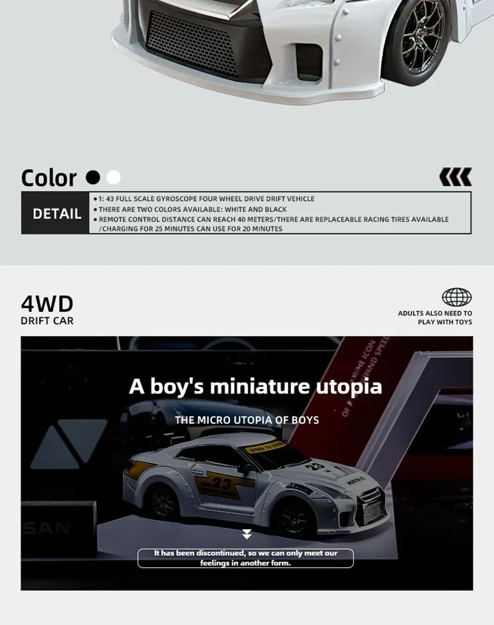 S916 RTR Mini 1/43 2.4G 4WD Drift RC Car Gyro GTR Race LED Light Full Scale Remote Control High-Speed Motor On-Road Racing Vehicle Model Boys Gifts Toys