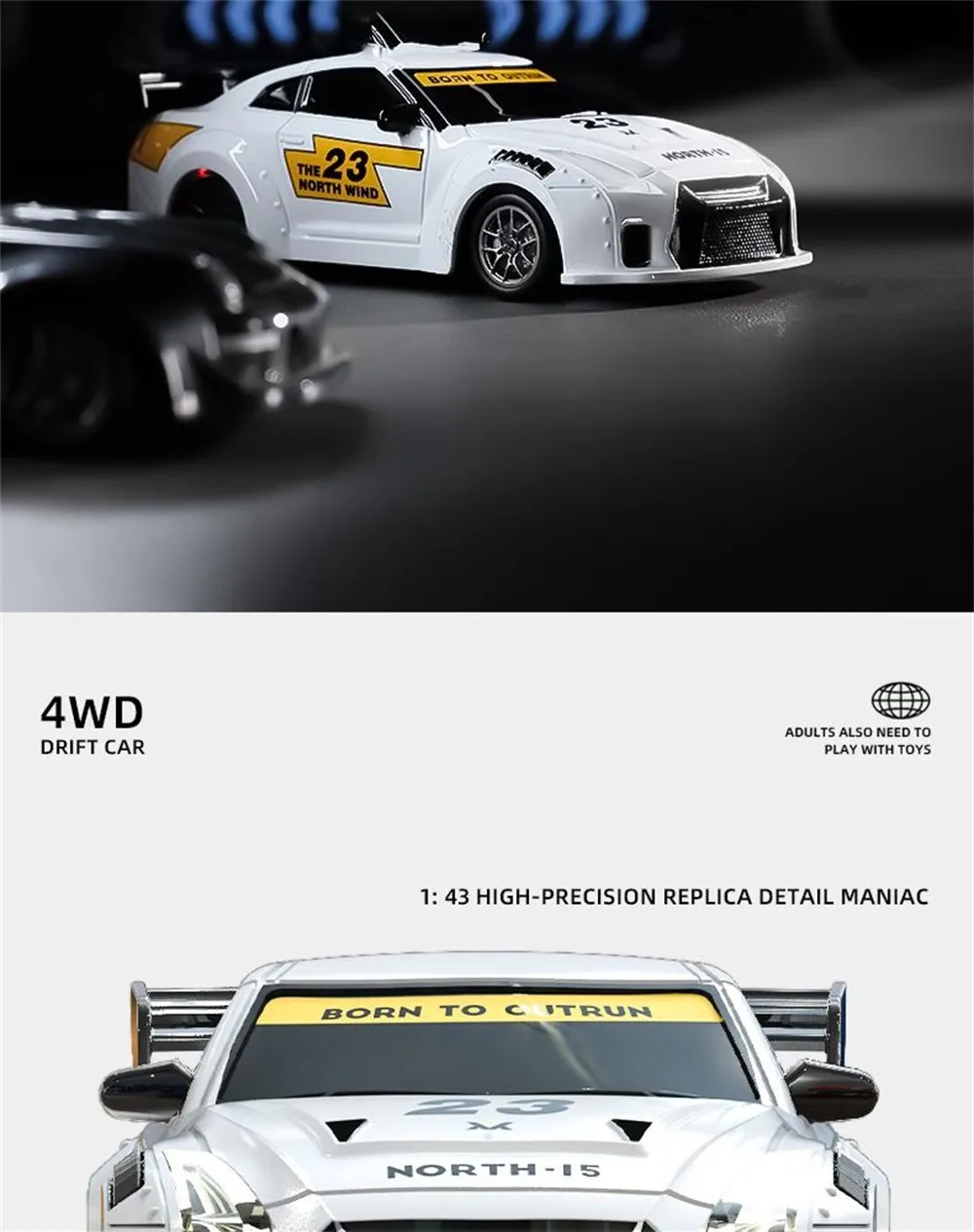 S916 RTR Mini 1/43 2.4G 4WD Drift RC Car Gyro GTR Race LED Light Full Scale Remote Control High-Speed Motor On-Road Racing Vehicle Model Boys Gifts Toys