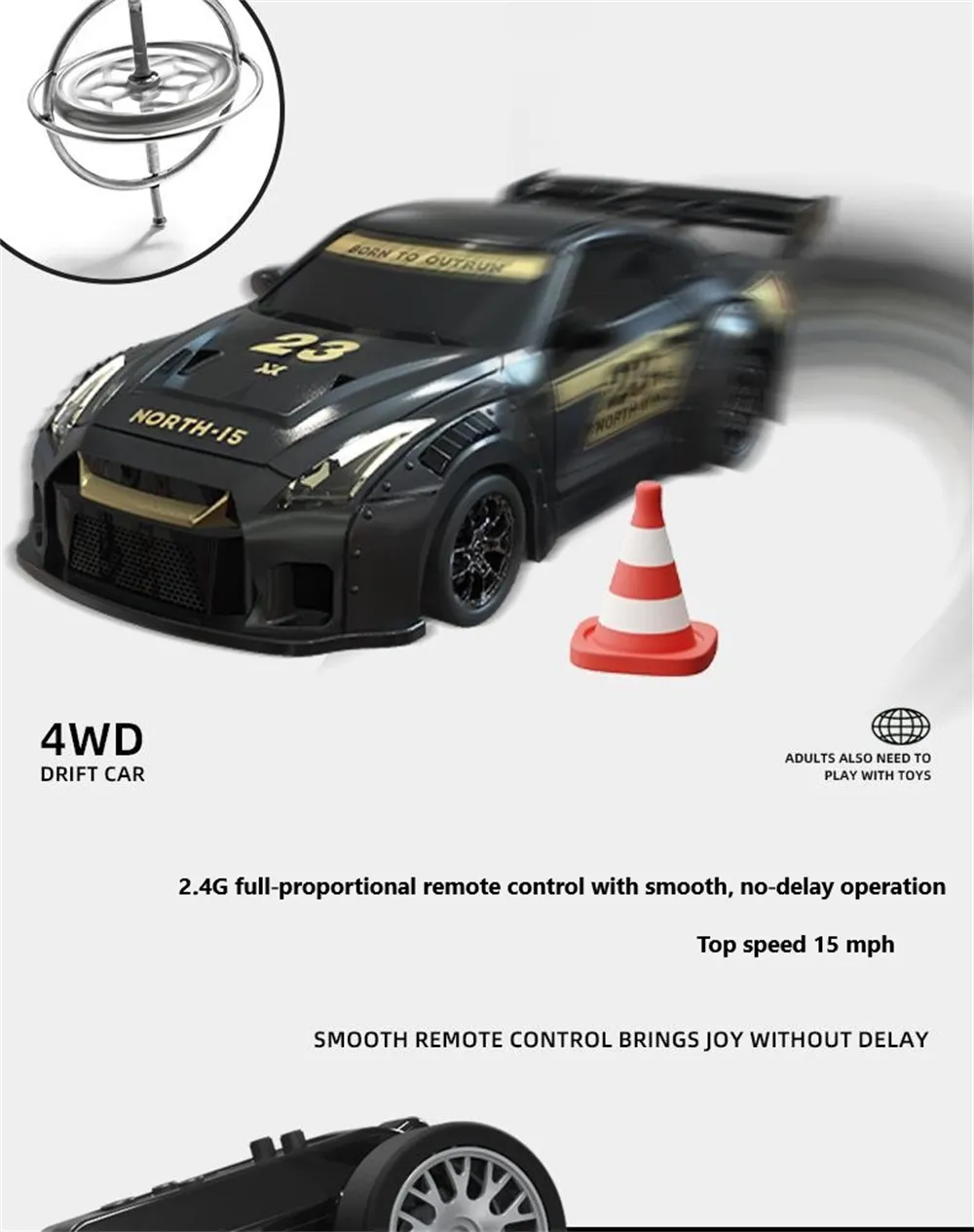 S916 RTR Mini 1/43 2.4G 4WD Drift RC Car Gyro GTR Race LED Light Full Scale Remote Control High-Speed Motor On-Road Racing Vehicle Model Boys Gifts Toys