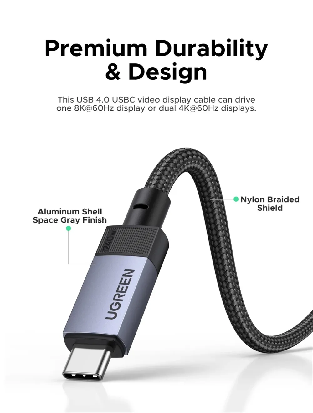 UGREEN High-Speed USB C Cable 240W Power Delivery USB4 Charging Cord for Laptops and Mobile Devices