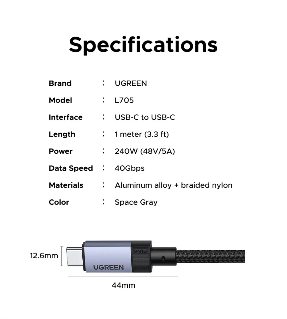 UGREEN High-Speed USB C Cable 240W Power Delivery USB4 Charging Cord for Laptops and Mobile Devices