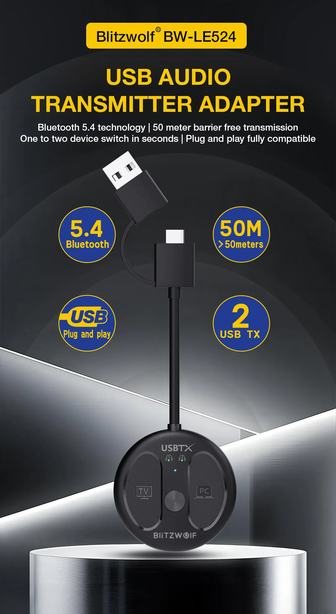 BlitzWolf® BW-LE524 USB Audio Transmitter Adapter bluetooth V5.4 Adapter 50m Range Dual Connection Low Latency Mini Portable Type-C USB Transmitter Adapter for TV PC