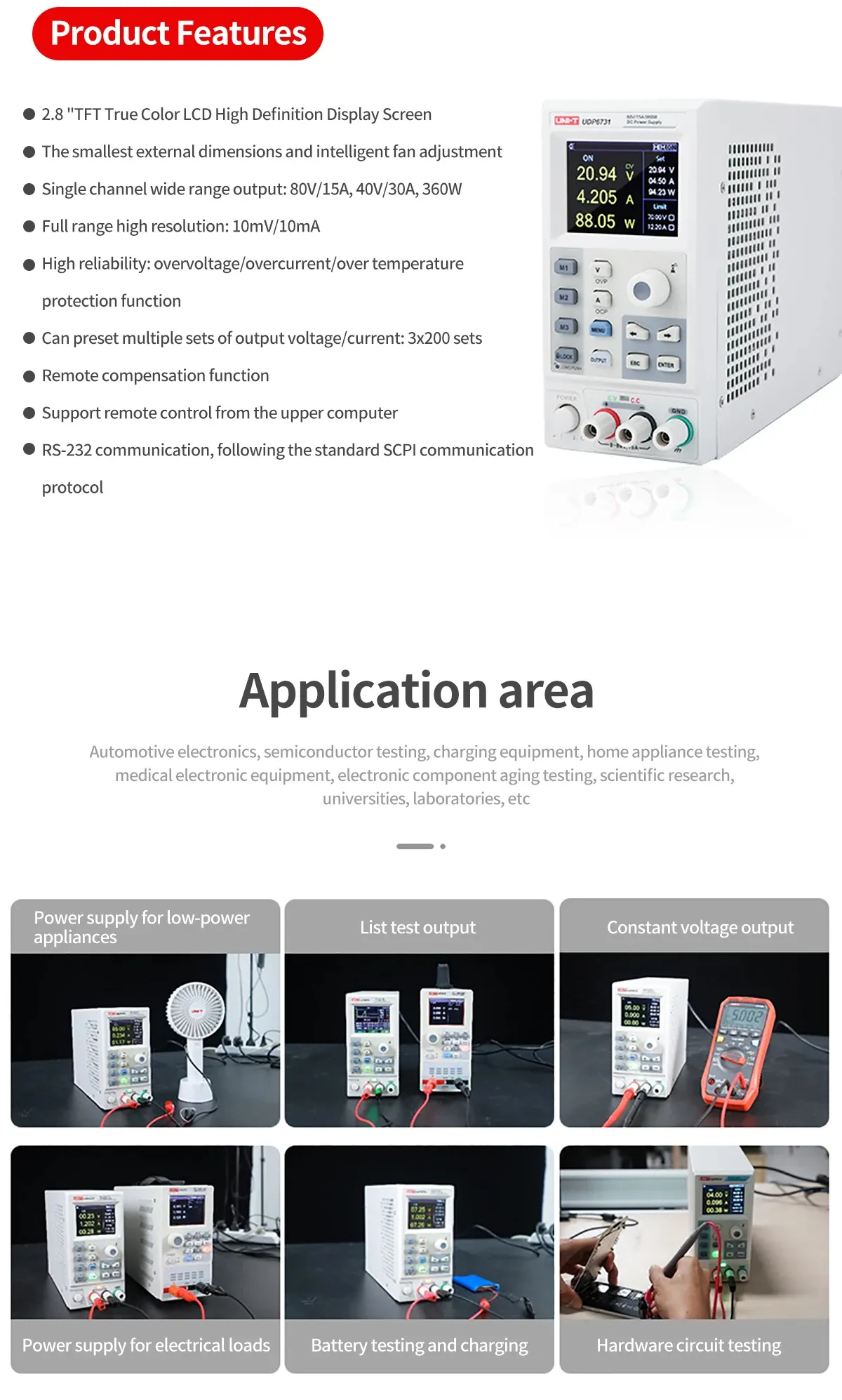 UNI-T UDP6731 DC Power Supply 0-80V 0-15A 360W Digital Programmable Power Supply Low Ripple RS-232 Communication Adjustable Voltage and Current