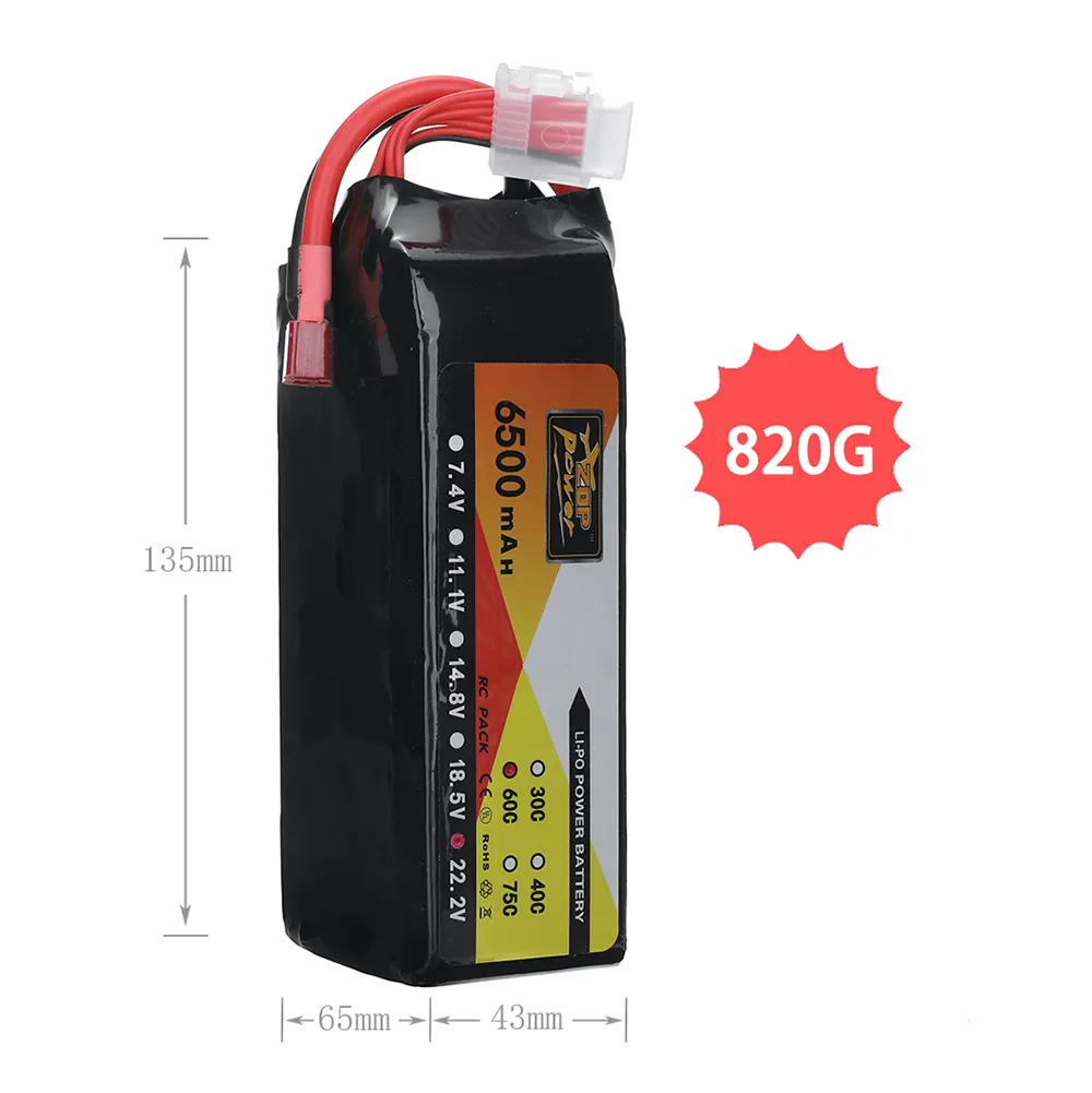 ZOP Power 22.2V 6500mAh 60C 6S LiPo Battery T Plug for RC Car