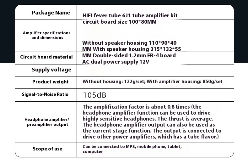 HIFI 6J1 Tube Amplifier DIY Kit Clear Acrylic Case High Fidelity Sound 105dB SNR Dual 12V Power Support MP3 Smartphone Tablet Computer