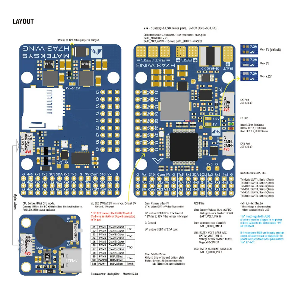 MATEK H7A3-WING Flight Controller OSD 3-6S for RC Airplane Fixed Wing