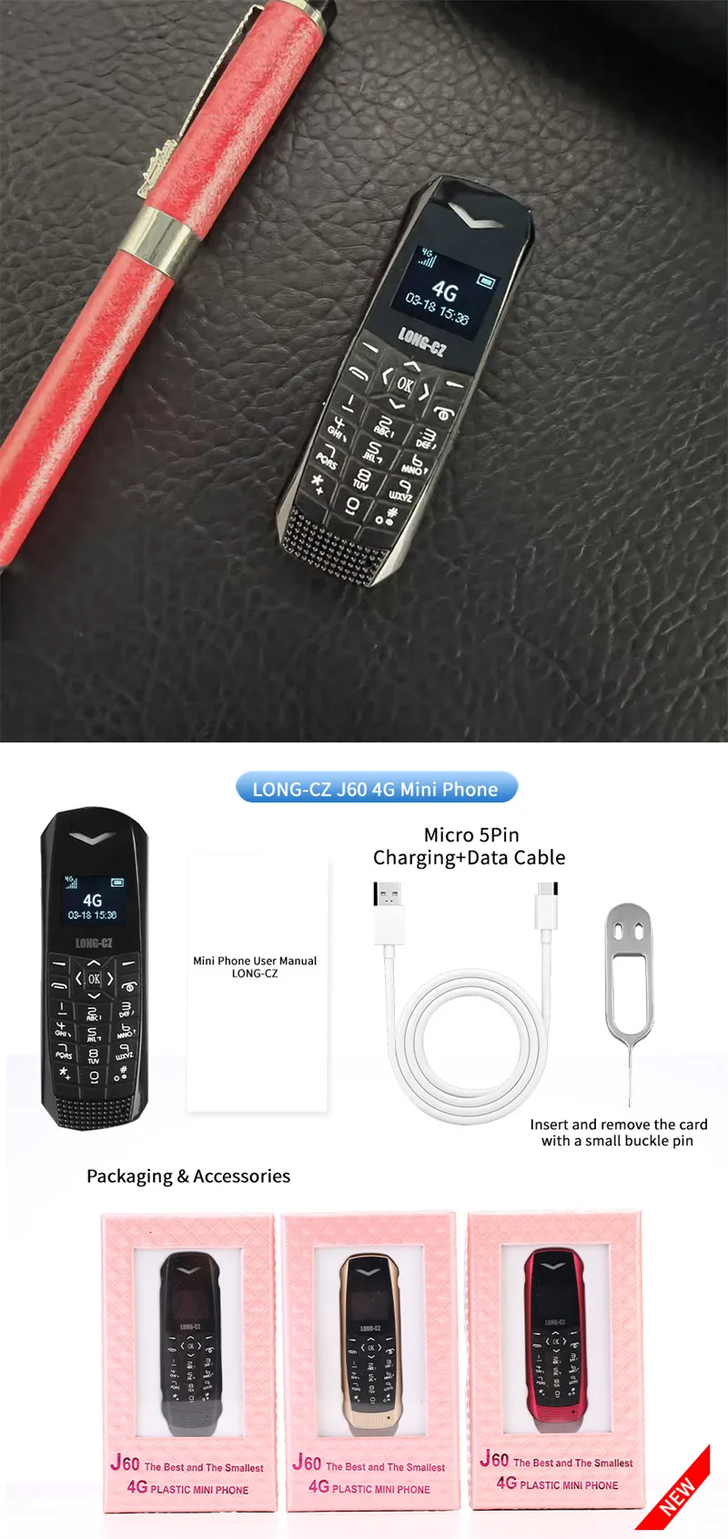 LONG-CZ J60 4G GSM 0.66-Inch OLED Display Nano SIM Card 600mAh Big Button SOS Emergency Call Lightweight Mini Mobile Phone