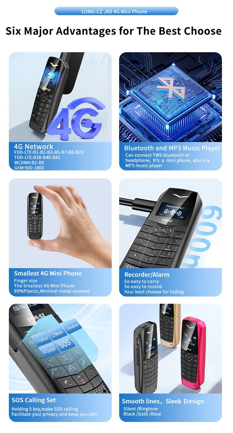 LONG-CZ J60 4G GSM 0.66-Inch OLED Display Nano SIM Card 600mAh Big Button SOS Emergency Call Lightweight Mini Mobile Phone