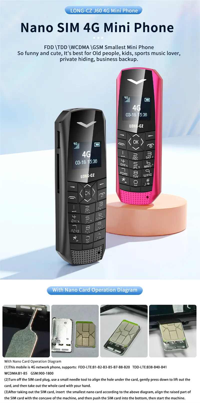 LONG-CZ J60 4G GSM 0.66-Inch OLED Display Nano SIM Card 600mAh Big Button SOS Emergency Call Lightweight Mini Mobile Phone