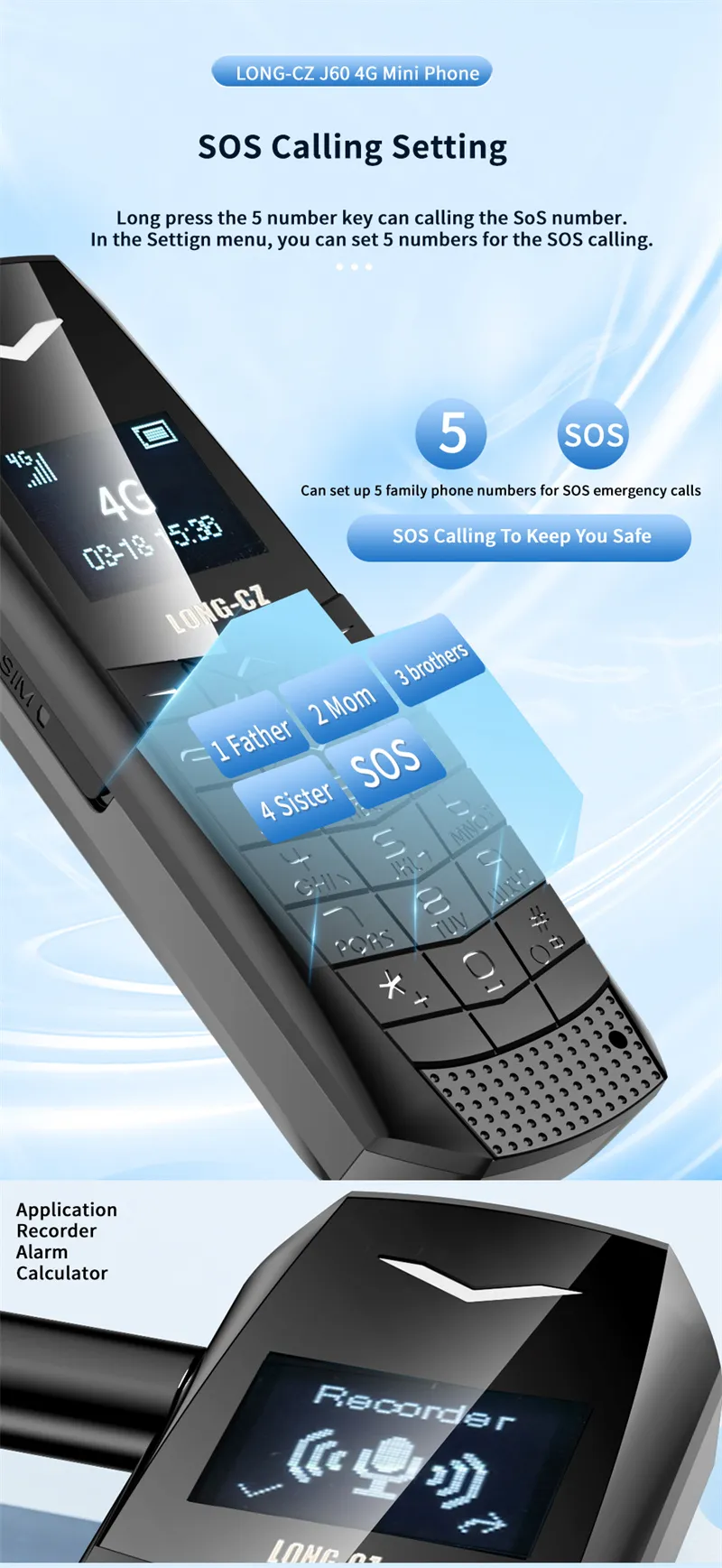 LONG-CZ J60 4G GSM 0.66-Inch OLED Display Nano SIM Card 600mAh Big Button SOS Emergency Call Lightweight Mini Mobile Phone