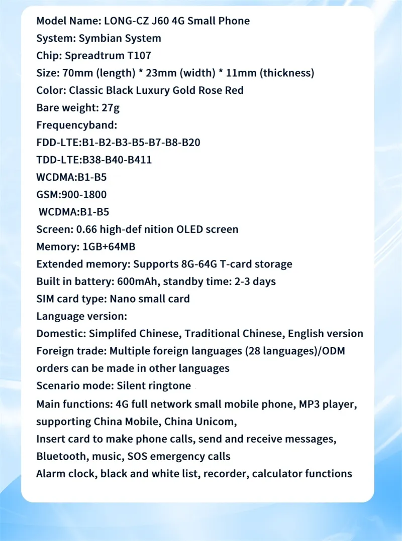 LONG-CZ J60 4G GSM 0.66-Inch OLED Display Nano SIM Card 600mAh Big Button SOS Emergency Call Lightweight Mini Mobile Phone