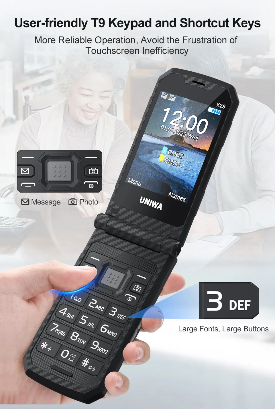 UNIWA X29 2.8-inch+1.77-inch Double Screen Rugged Mini 2G GSM Dual SIM Card Dual Standby 2000mAh FM Radio Large Button Flip Mobile Phone with Flashlight Type-C Rechargeable
