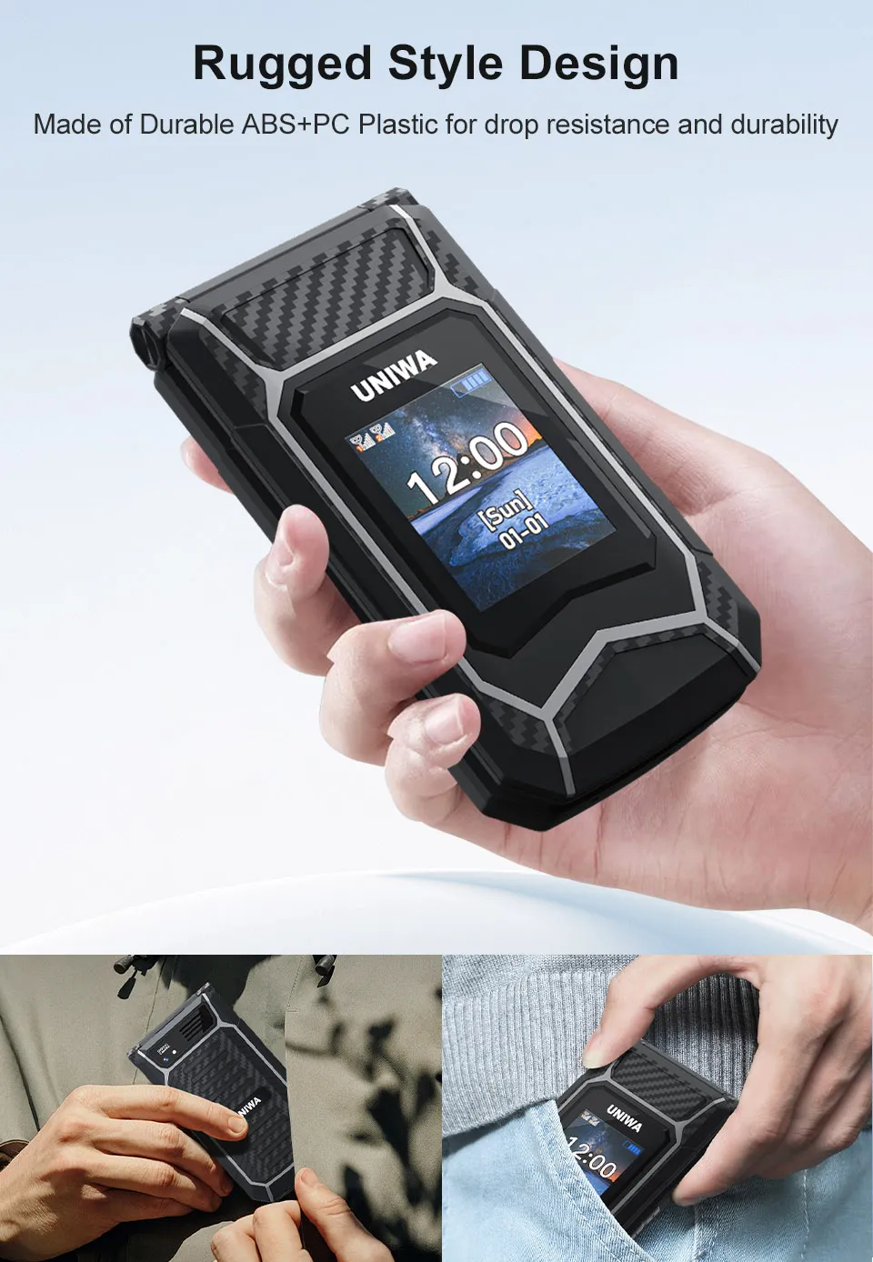 UNIWA X29 2.8-inch+1.77-inch Double Screen Rugged Mini 2G GSM Dual SIM Card Dual Standby 2000mAh FM Radio Large Button Flip Mobile Phone with Flashlight Type-C Rechargeable