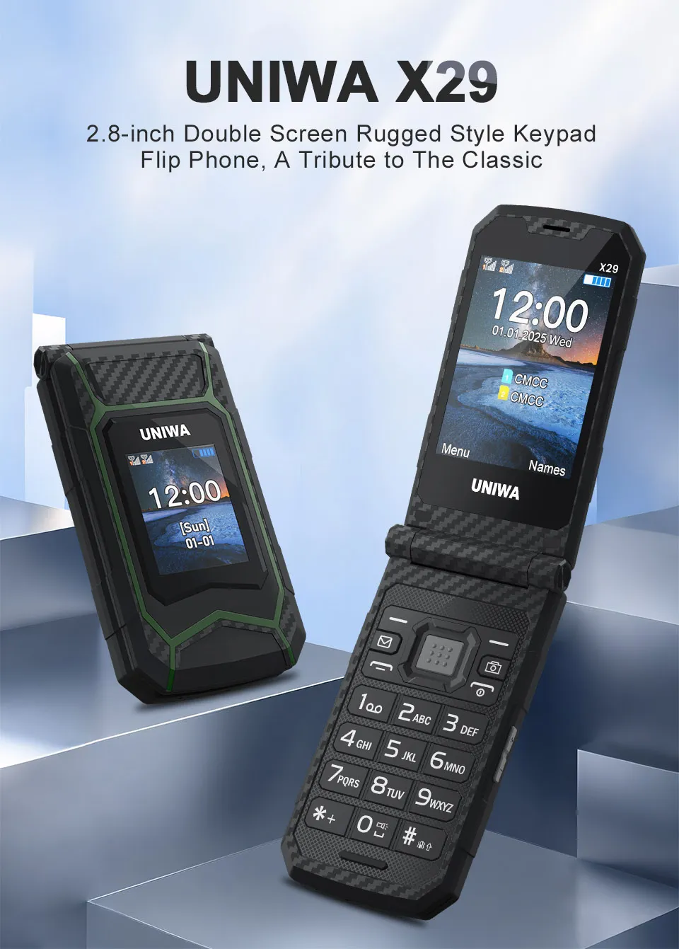 UNIWA X29 2.8-inch+1.77-inch Double Screen Rugged Mini 2G GSM Dual SIM Card Dual Standby 2000mAh FM Radio Large Button Flip Mobile Phone with Flashlight Type-C Rechargeable