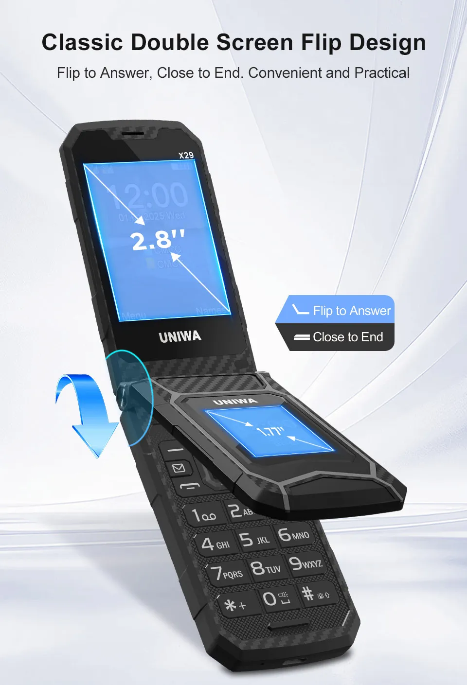 UNIWA X29 2.8-inch+1.77-inch Double Screen Rugged Mini 2G GSM Dual SIM Card Dual Standby 2000mAh FM Radio Large Button Flip Mobile Phone with Flashlight Type-C Rechargeable