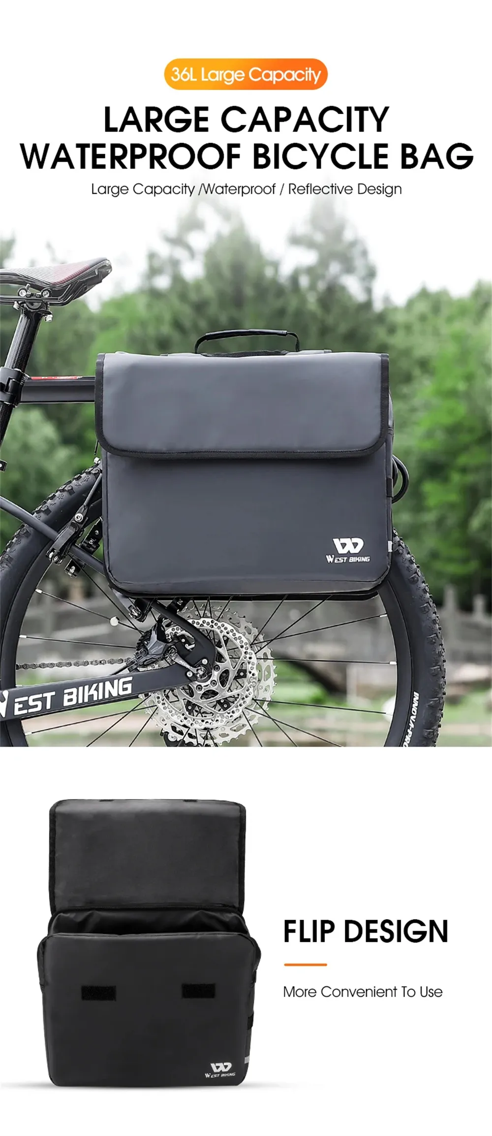 WEST BIKING 36L Bicycle Pannier Bag Waterproof Carbon Leather Bike Rack Trunk Handbag Outdoor Travel Cycling Rear Seat Cargo Bag