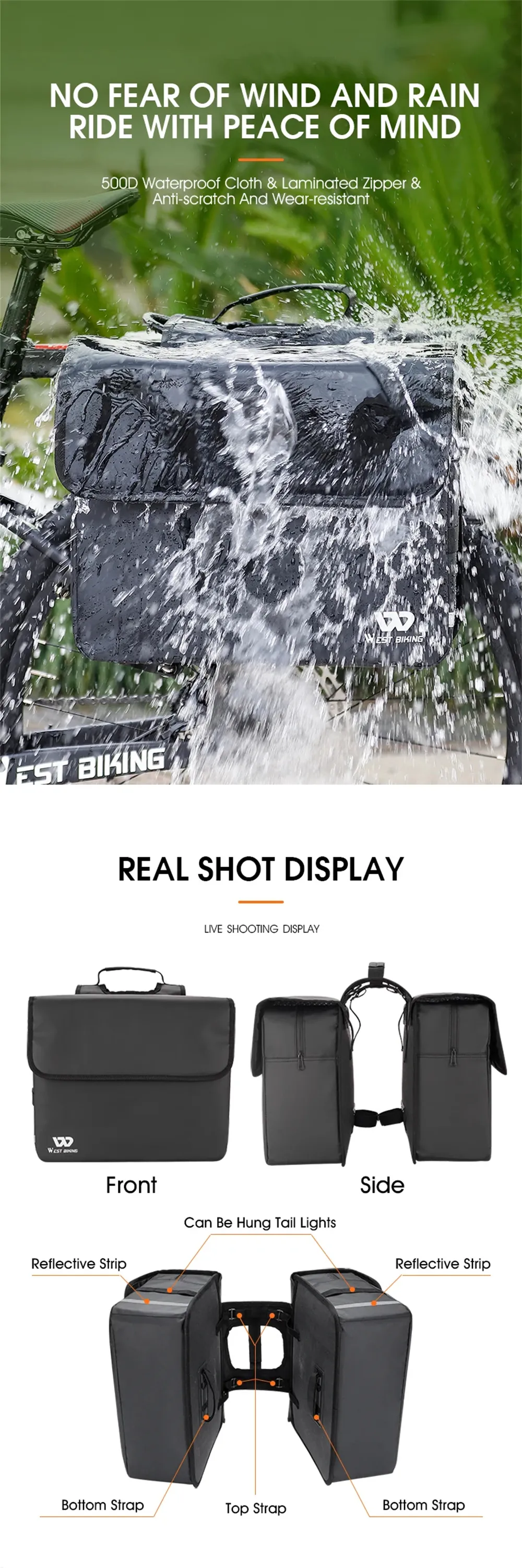 WEST BIKING 36L Bicycle Pannier Bag Waterproof Carbon Leather Bike Rack Trunk Handbag Outdoor Travel Cycling Rear Seat Cargo Bag
