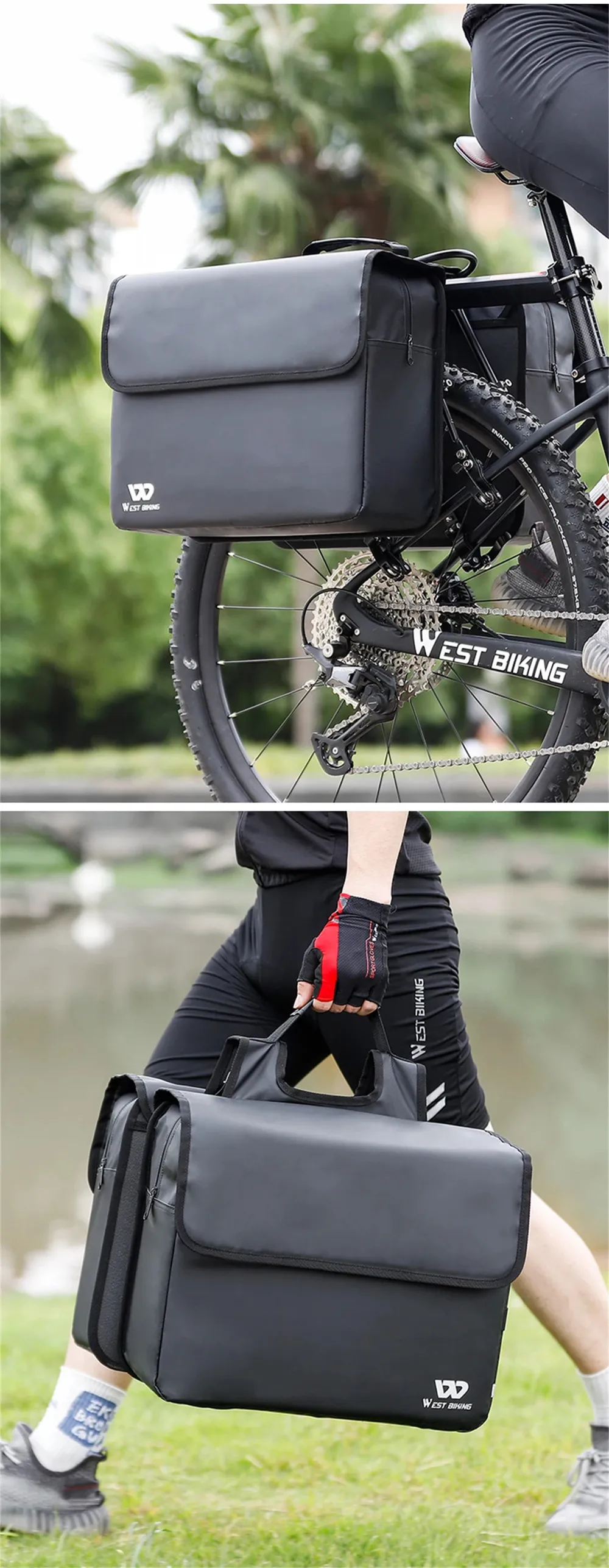 WEST BIKING 36L Bicycle Pannier Bag Waterproof Carbon Leather Bike Rack Trunk Handbag Outdoor Travel Cycling Rear Seat Cargo Bag