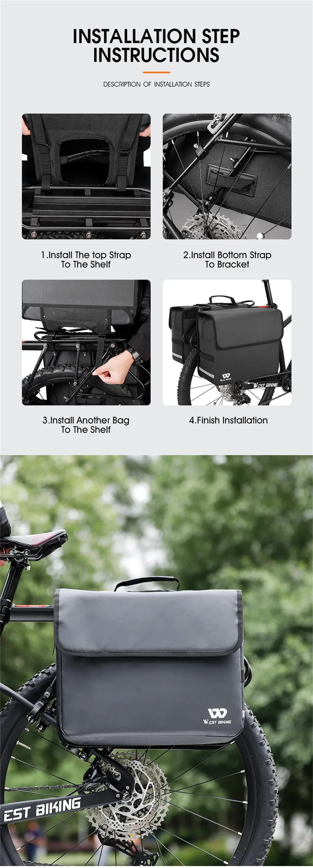WEST BIKING 36L Bicycle Pannier Bag Waterproof Carbon Leather Bike Rack Trunk Handbag Outdoor Travel Cycling Rear Seat Cargo Bag