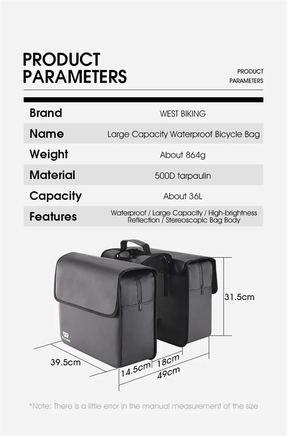 WEST BIKING 36L Bicycle Pannier Bag Waterproof Carbon Leather Bike Rack Trunk Handbag Outdoor Travel Cycling Rear Seat Cargo Bag