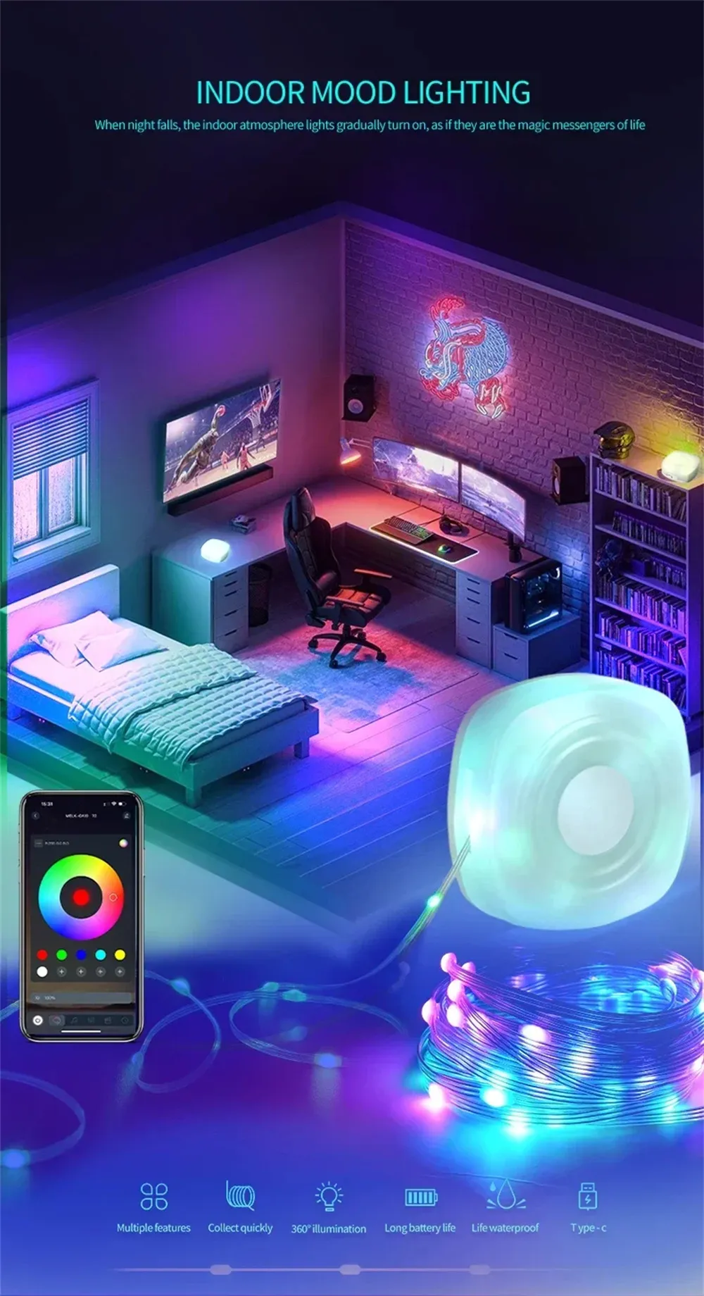 Elfeland 5m Smart Camping Light Strip APP Control Rechargeable Waterproof LED Night Light 16M Colors Music Sync Timer Portable Outdoor Lamp
