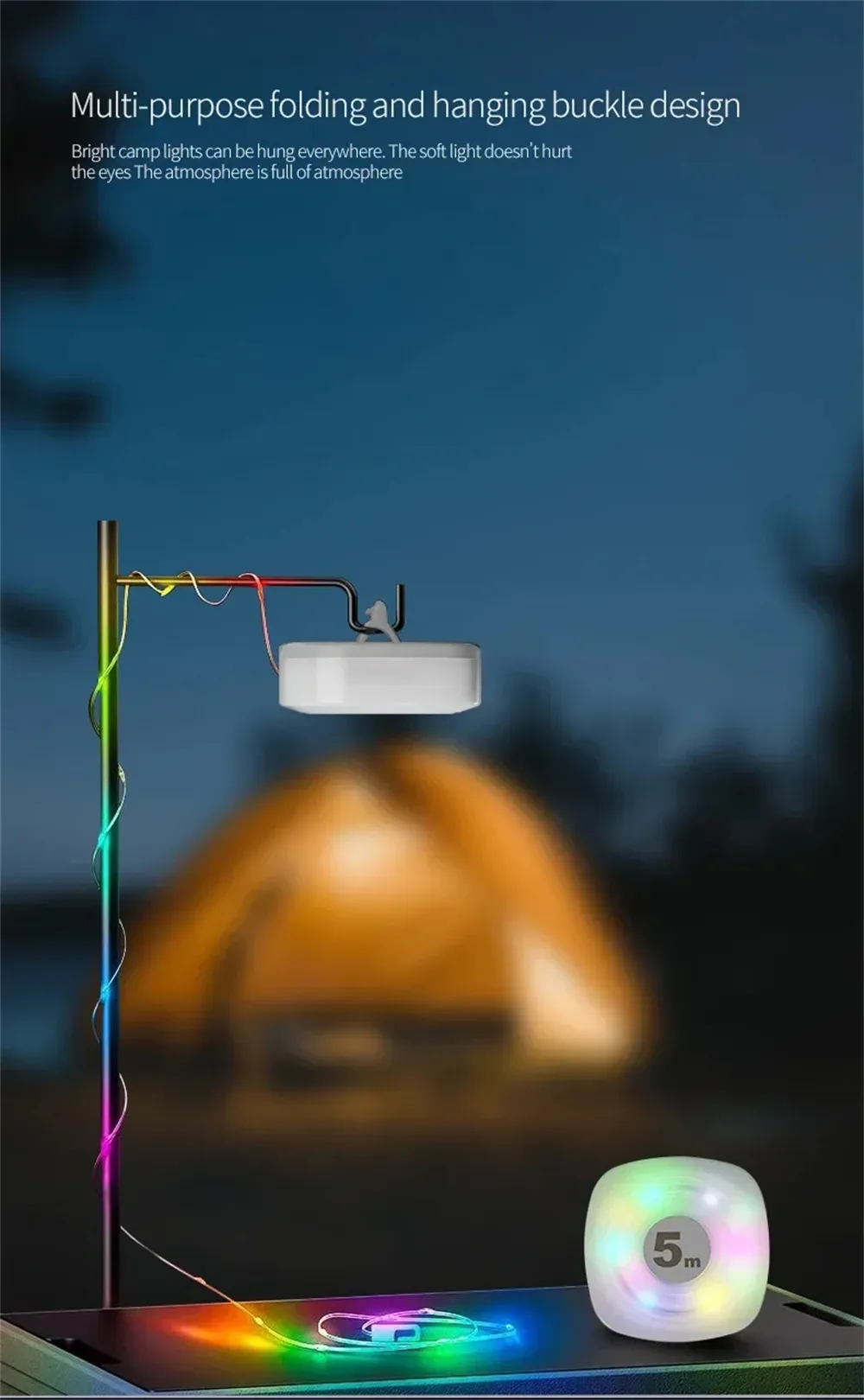 Elfeland 5m Smart Camping Light Strip APP Control Rechargeable Waterproof LED Night Light 16M Colors Music Sync Timer Portable Outdoor Lamp