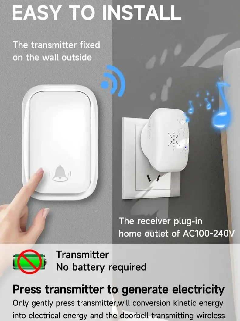 1-to-1 Battery-free Self Powered RF433 Wireless Doorbell EU Plug 38 Ringtones Outdoor IP44 Waterproof 150m Range Long Distance Door Bell