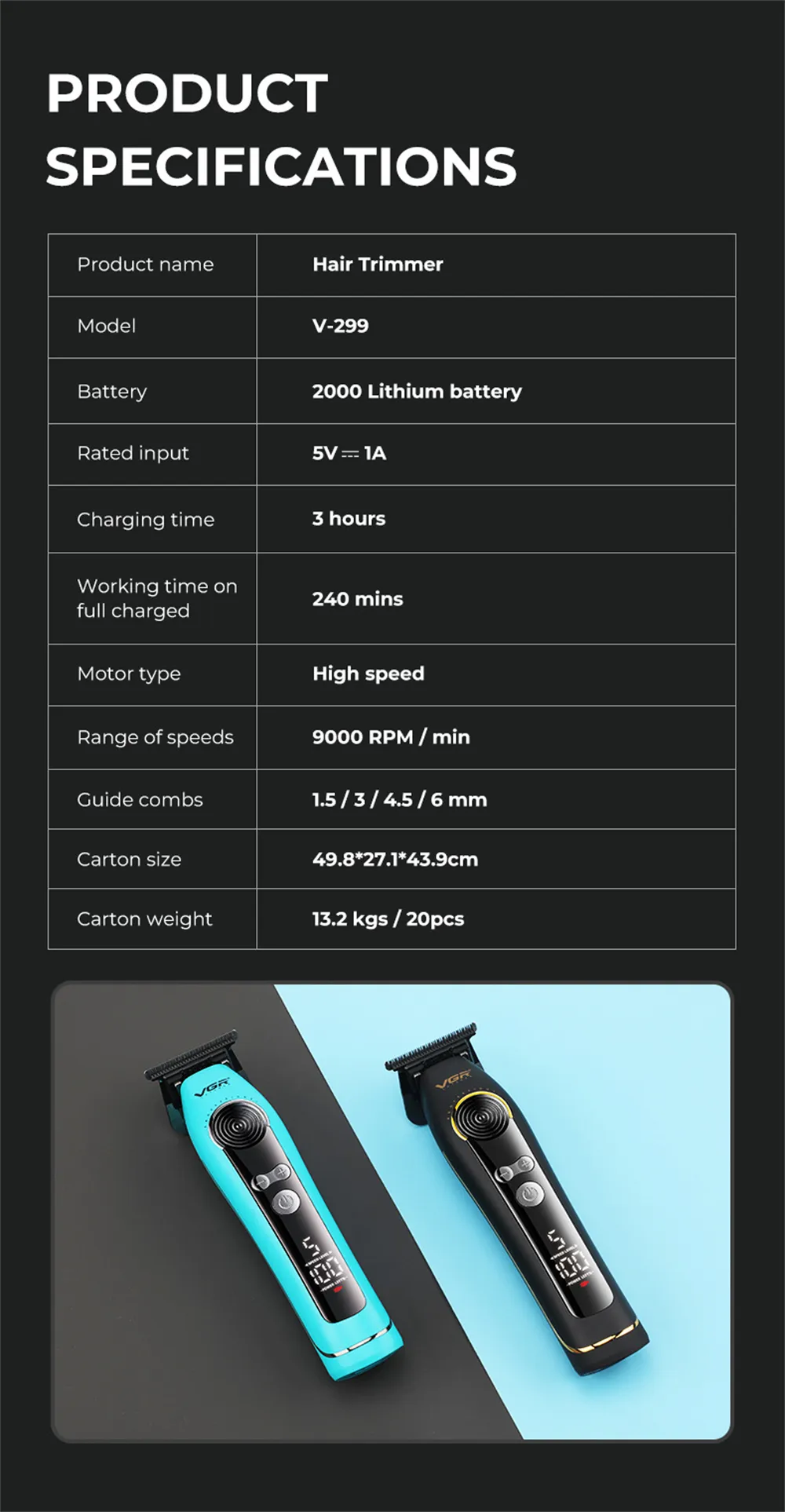 VGR V299 Professional Hair Trimmer 2000mAh Lithium Battery Ceramic Blade USB Rechargeable 5 Speed Level LED Display Electric Hair Clipper for Men VGR V299 Professional Hair Trimmer 2000mAh Lithium Battery Ceramic Blade USB Rechargeable 5 Speed Level LED Display Electric Hair Clipper for Men