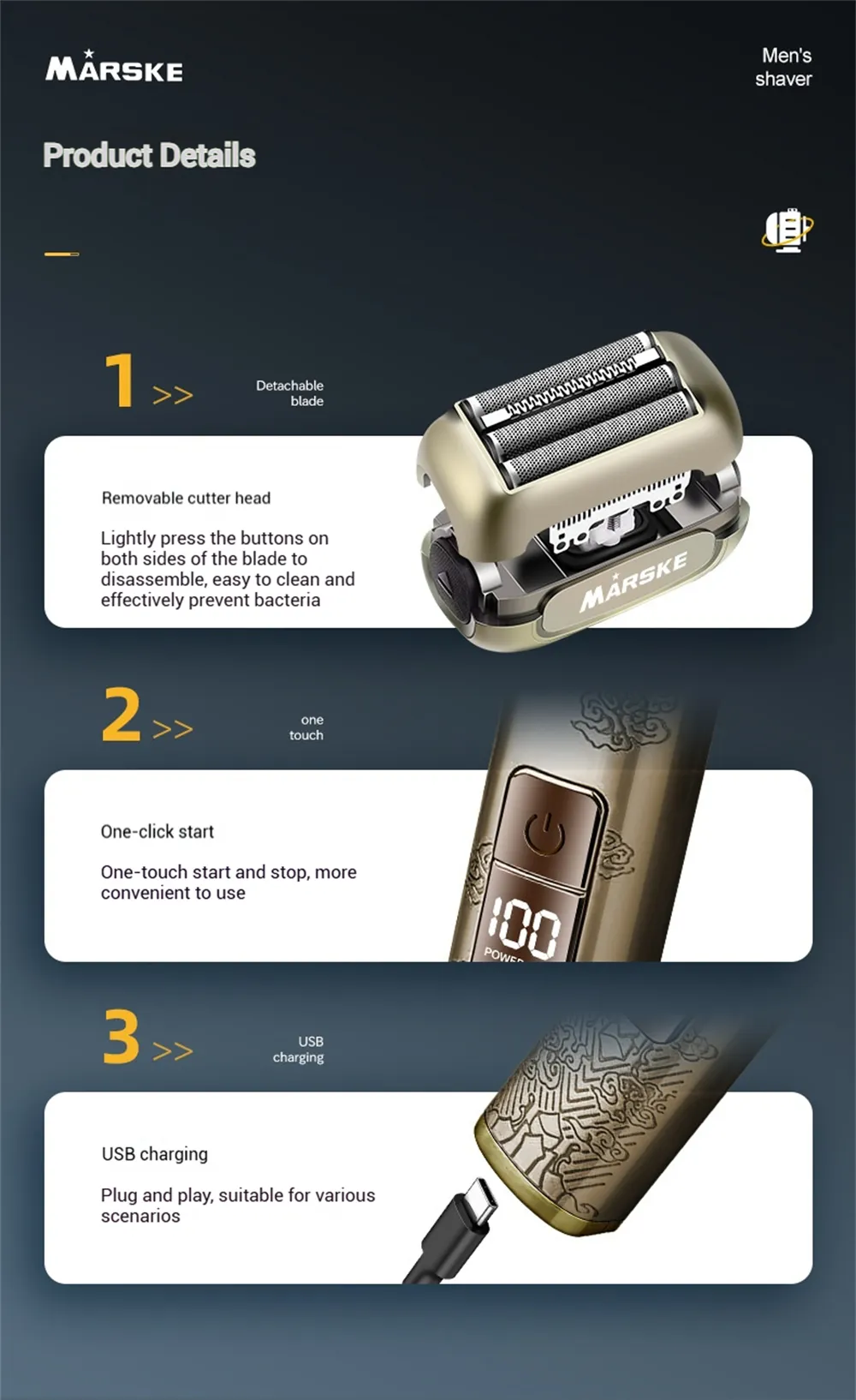 MARSKE MS-3413 Electric Foil Shaver LED Digital Display 1200mAh USB Rechargeable IPX7 Waterproof Professional Razor for Dry Wet Use MARSKE MS-3413 Electric Foil Shaver LED Digital Display 1200mAh USB Rechargeable IPX7 Waterproof Professional Razor for Dry Wet Use