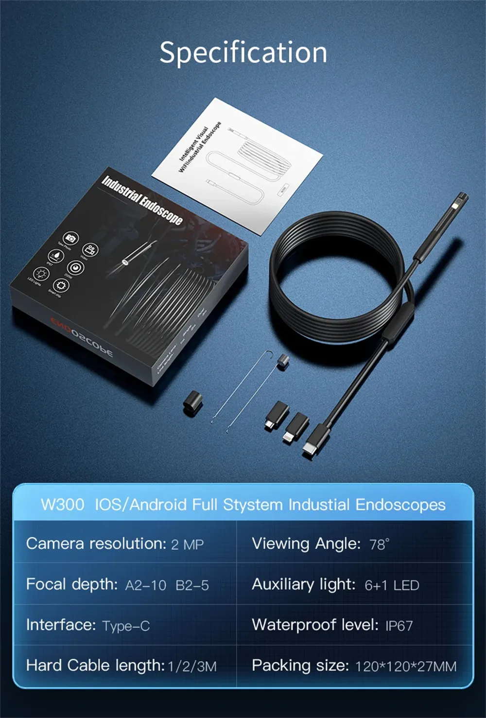 3 in 1 8mm Micro USB/Type-C Endoscope Inspection Dual Lens Camera Waterproof Smartphone Mini Inspection Camera for IOS Android Pipeline Video Borescope