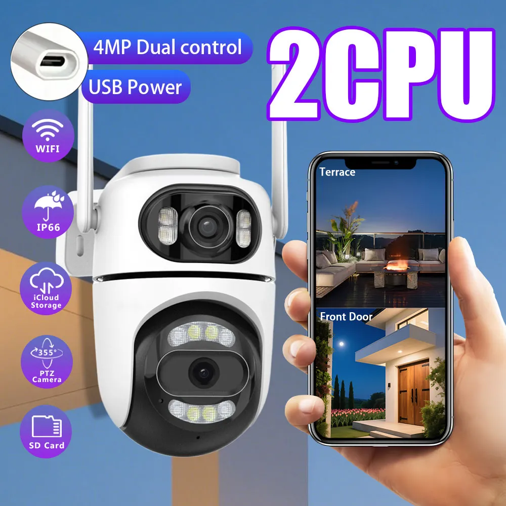 4MP 5X Zoom Dual Lens Wireless Security Camera PTZ Color Night Vision AI Human Detection Two Way Audio IP66 Waterproof WiFi Smart Home Surveillance System ICSEE APP