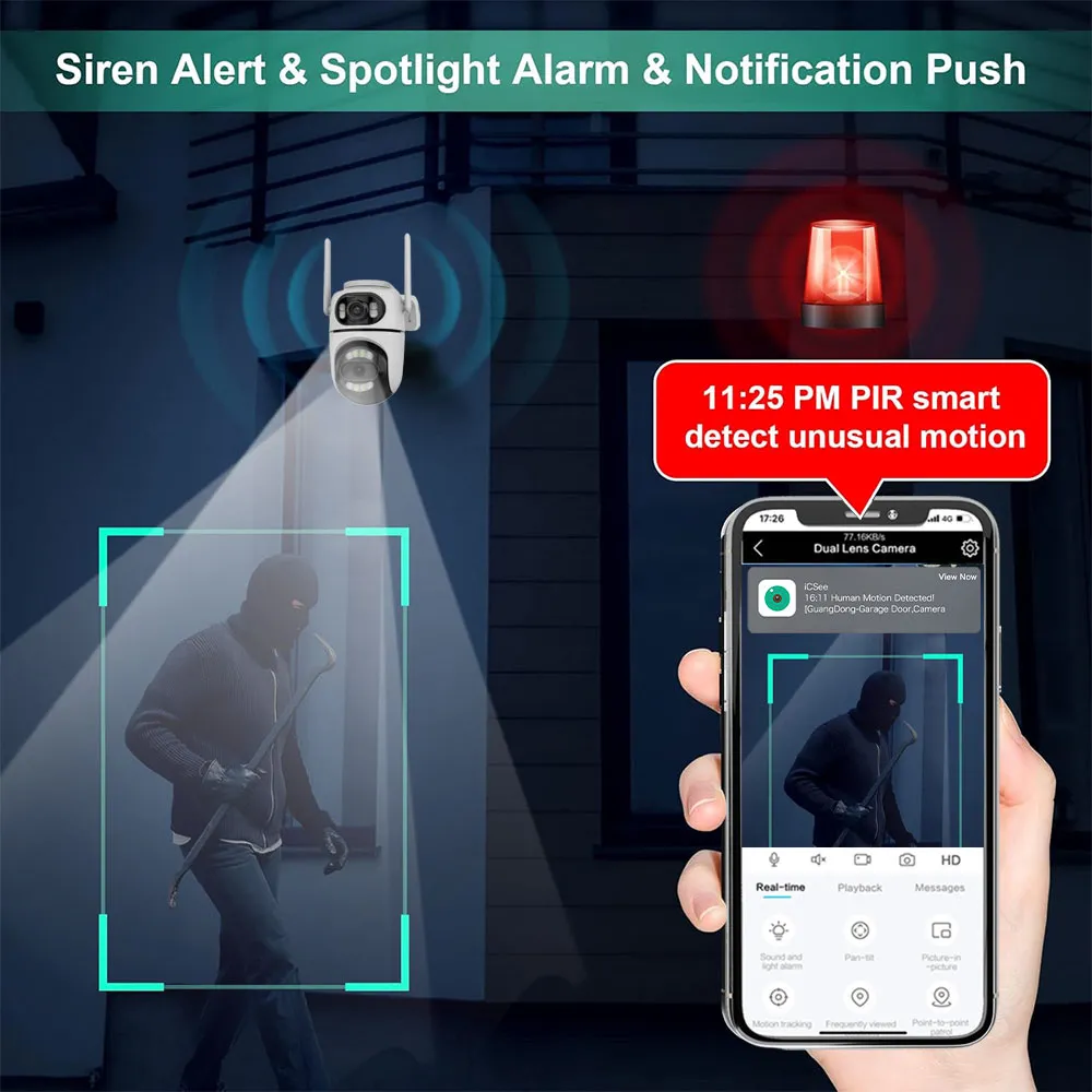 4MP 5X Zoom Dual Lens Wireless Security Camera PTZ Color Night Vision AI Human Detection Two Way Audio IP66 Waterproof WiFi Smart Home Surveillance System ICSEE APP