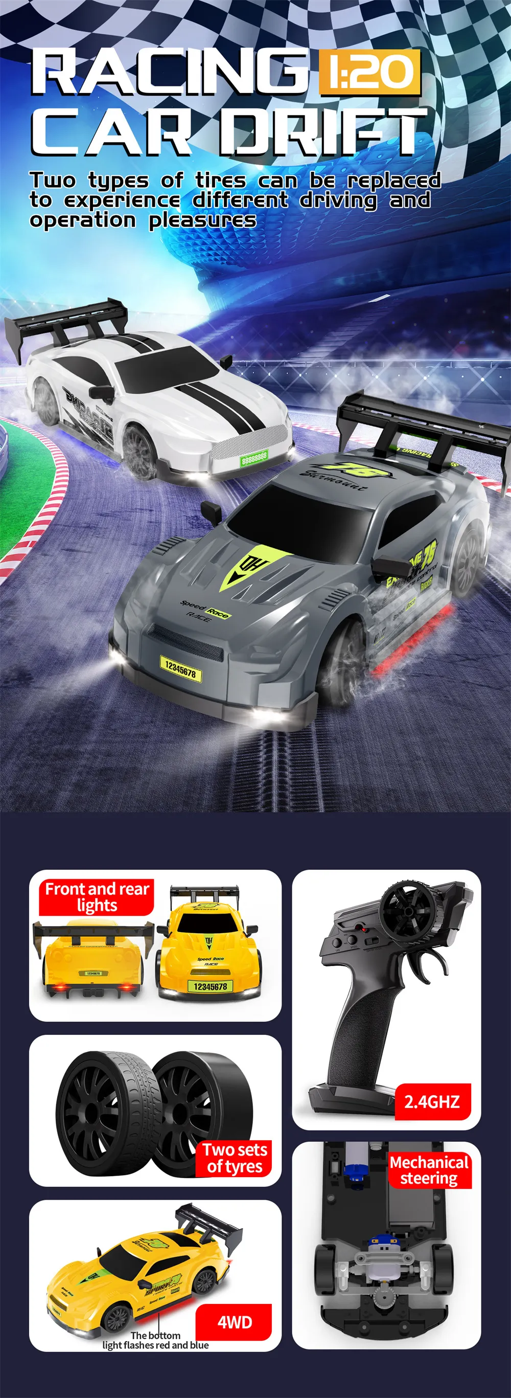 1/20 2.4G 4WD Drift RC Car GTR Mini Race LED Light High Speed Remote Control On-Road Racing Vehicles Models Boys Gifts Toys