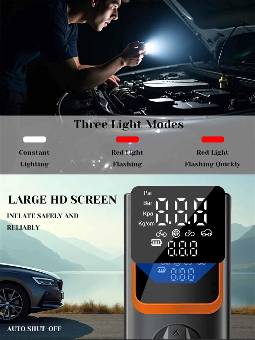 Wireless Dual Digital Display Car Tire Inflator with Auto Shutoff Charging Lighting Car and Motorcycle Air Pump Wireless Dual Digital Display Car Tire Inflator with Auto Shutoff Charging Lighting Car and Motorcycle Air Pump