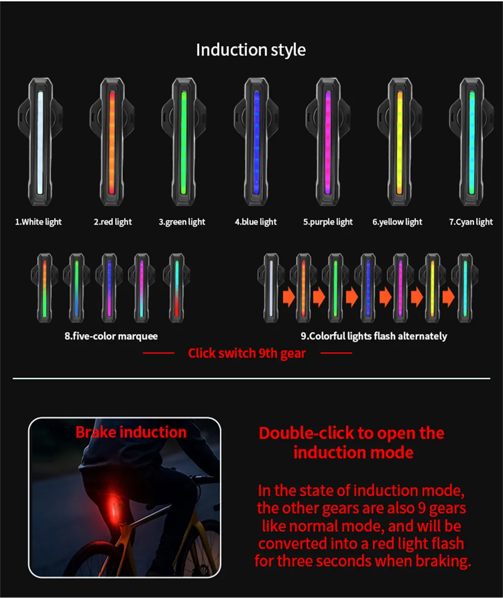 BIKIGHT 10-50LM 1PCS RGB LED Bicycle Smart Sensor Brake Taillight Type-C Charging Waterproof Warning Bike Rear Light for Night Cycling Safety BIKIGHT 10-50LM 1PCS RGB LED Bicycle Smart Sensor Brake Taillight Type-C Charging Waterproof Warning Bike Rear Light for Night Cycling Safety