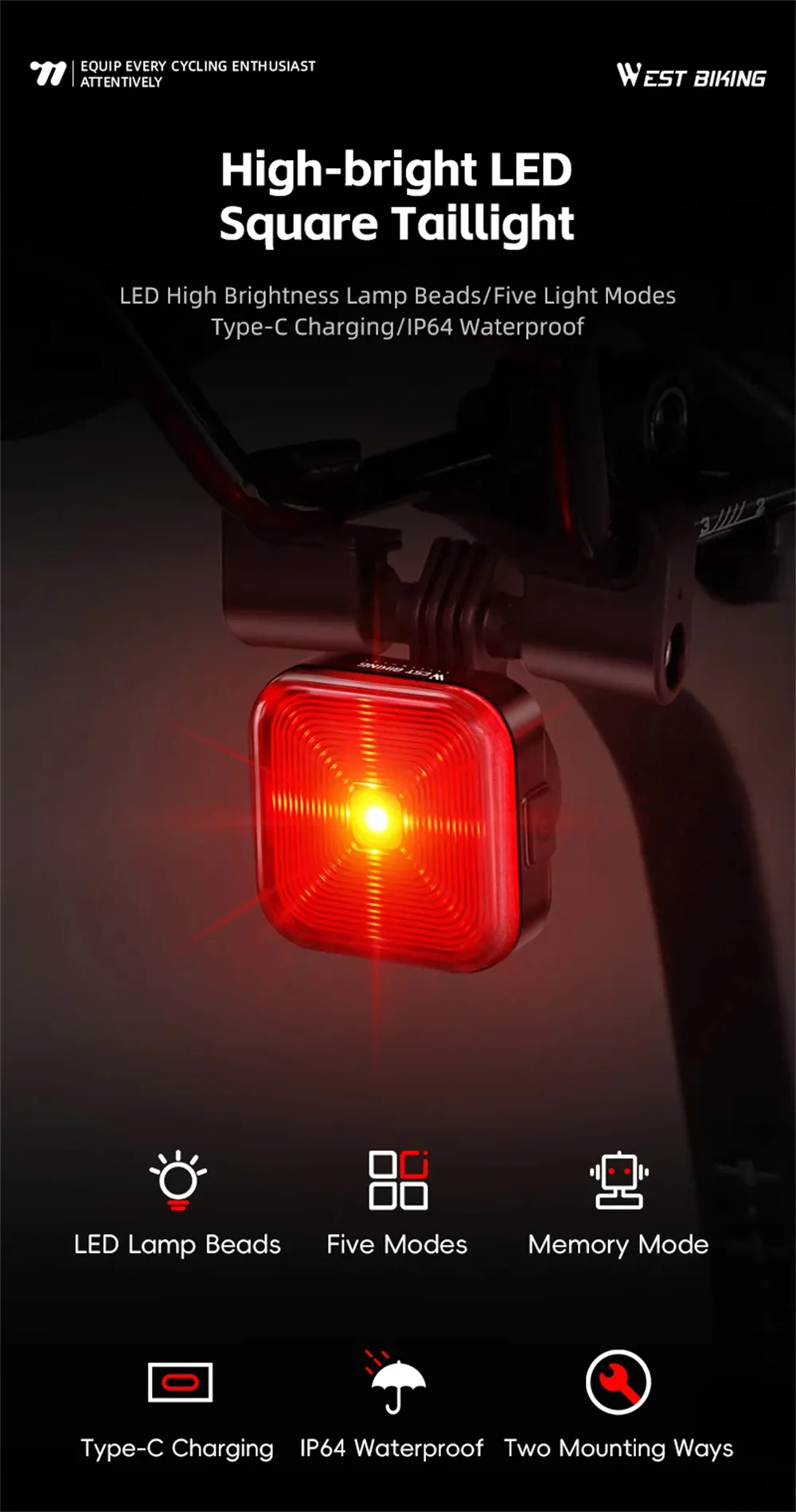 WEST BIKING 20LM LED Square Bicycle Taillight Type-C Charging Waterproof 5 Modes Warning Bike Rear Light for MTB Seat Post/Saddle