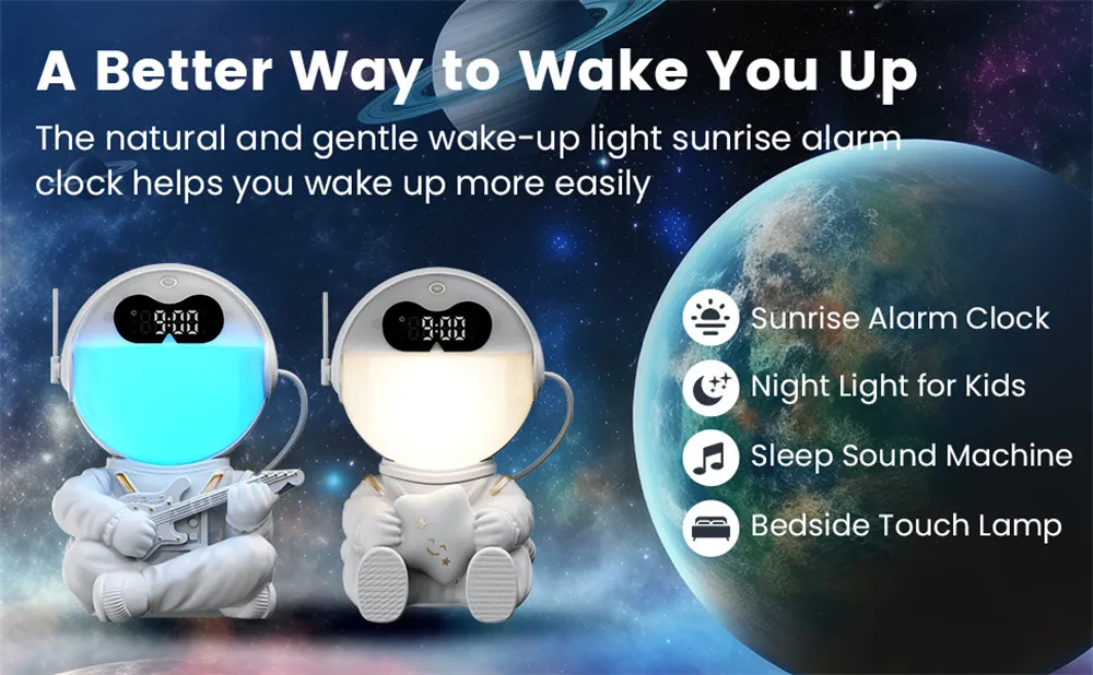 Elfeland Astronaut Design Sunrise Alarm Clock Mood Bluetooth Night Light Sleep Aid Touch Lamp Sound Machine Child Gift Elfeland Astronaut Design Sunrise Alarm Clock Mood Bluetooth Night Light Sleep Aid Touch Lamp Sound Machine Child Gift