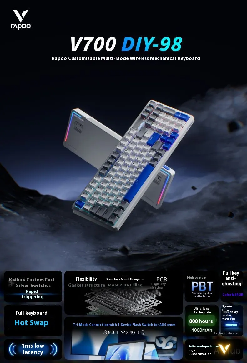 RAPOO V700 DIY-98 Custom Mechanical Keyboard Wireless Tri Mode Hot-swappable Gasket Structure RGB Kailh Speed Silver Axis 1KHz 4000mAh Battery Gaming Keyboard RAPOO V700 DIY-98 Custom Mechanical Keyboard Wireless Tri Mode Hot-swappable Gasket Structure RGB Kailh Speed Silver Axis 1KHz 4000mAh Battery Gaming Keyboard