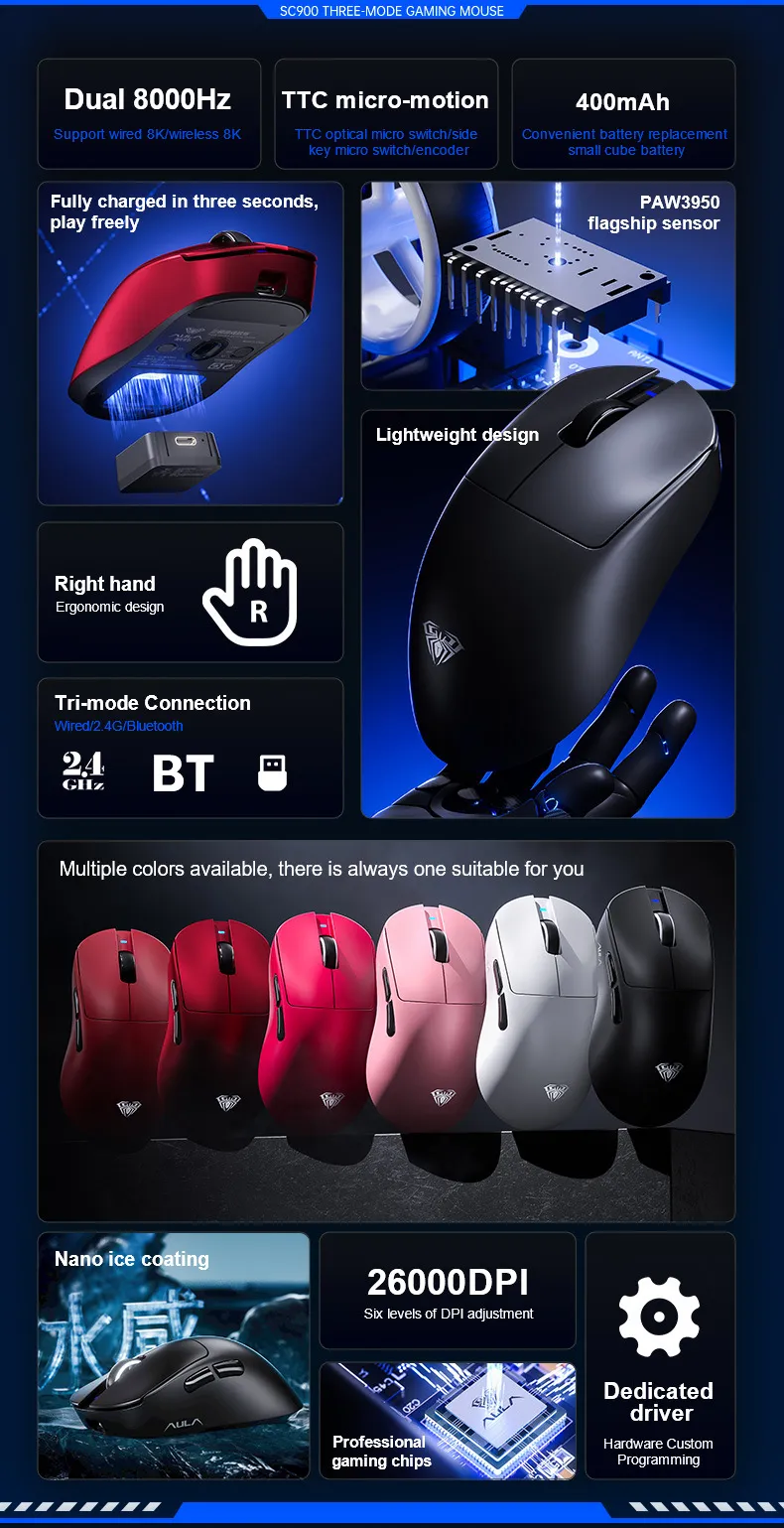 AULA SC900 Pro Wireless Mouse Tri-Mode 8KHz Polling Rate PAW3395 Sensor 26000 DPI 50g Lightweight Dual Battery Rechargeable Gaming Mice for PC Laptop Computer AULA SC900 Pro Wireless Mouse Tri-Mode 8KHz Polling Rate PAW3395 Sensor 26000 DPI 50g Lightweight Dual Battery Rechargeable Gaming Mice for PC Laptop Computer
