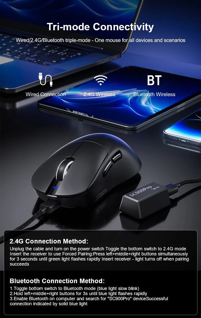 AULA SC900 Pro Wireless Mouse Tri-Mode 8KHz Polling Rate PAW3395 Sensor 26000 DPI 50g Lightweight Dual Battery Rechargeable Gaming Mice for PC Laptop Computer AULA SC900 Pro Wireless Mouse Tri-Mode 8KHz Polling Rate PAW3395 Sensor 26000 DPI 50g Lightweight Dual Battery Rechargeable Gaming Mice for PC Laptop Computer