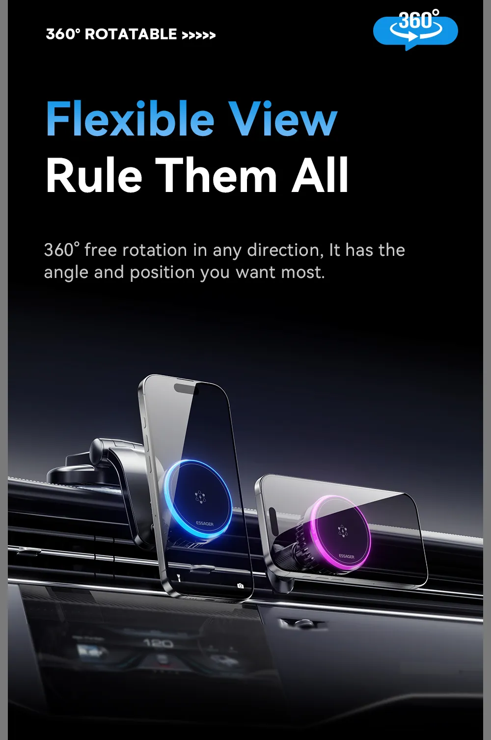 ESSAGER T2 Magnetic Wireless Car Charger 15W Fast Charging with Semiconductor Cooling 360° Rotation Phone Mount for Vent Dash Mount ESSAGER T2 Magnetic Wireless Car Charger 15W Fast Charging with Semiconductor Cooling 360° Rotation Phone Mount for Vent Dash Mount