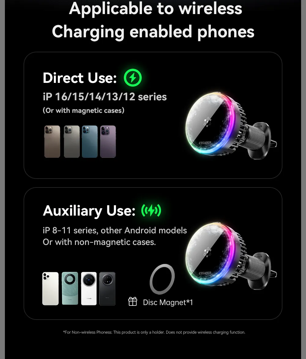 ESSAGER T2 Magnetic Wireless Car Charger 15W Fast Charging with Semiconductor Cooling 360° Rotation Phone Mount for Vent Dash Mount ESSAGER T2 Magnetic Wireless Car Charger 15W Fast Charging with Semiconductor Cooling 360° Rotation Phone Mount for Vent Dash Mount